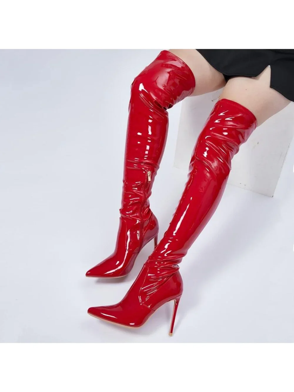 Women's Patent Leather Red Over the Knee Boots Pointed Toe Long Thigh High Heels